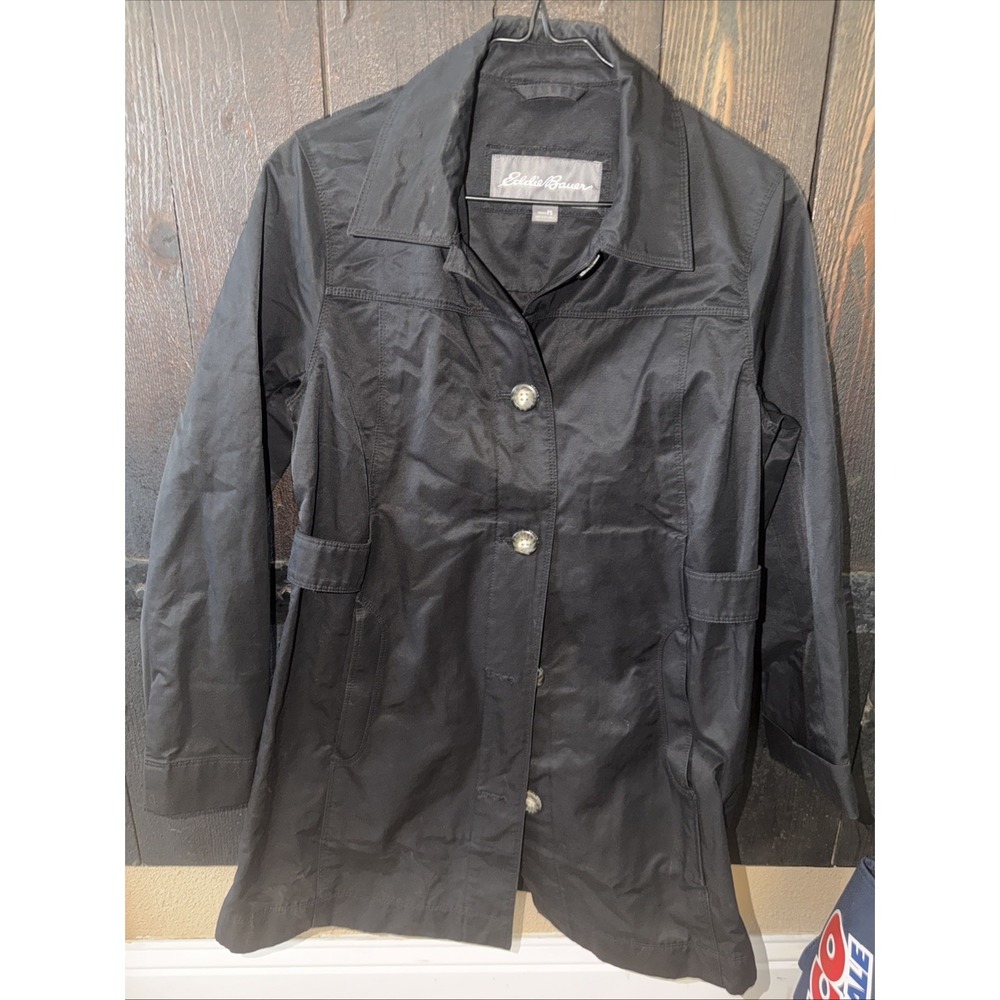 Eddie Bauer Size Petite Small Trench Coat Long Black Button Front Collar L